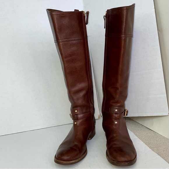 EUC Tory Burch Marlene leather tall riding brown logo boots - Picture 4 of 8